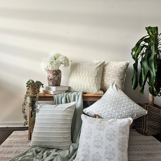 Coastal Boho Block Print Pillow Cover Set of 3