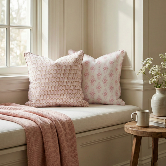 Two 100% cotton block printed pillow and cushion covers resting on a sunny window seat. The front cover features the Bikaneri Topaz pink and tan scalloped arch pattern. The back cover shows a pink geometric diamond motif. Styled with a pink throw blanket, coffee mug, and vase.