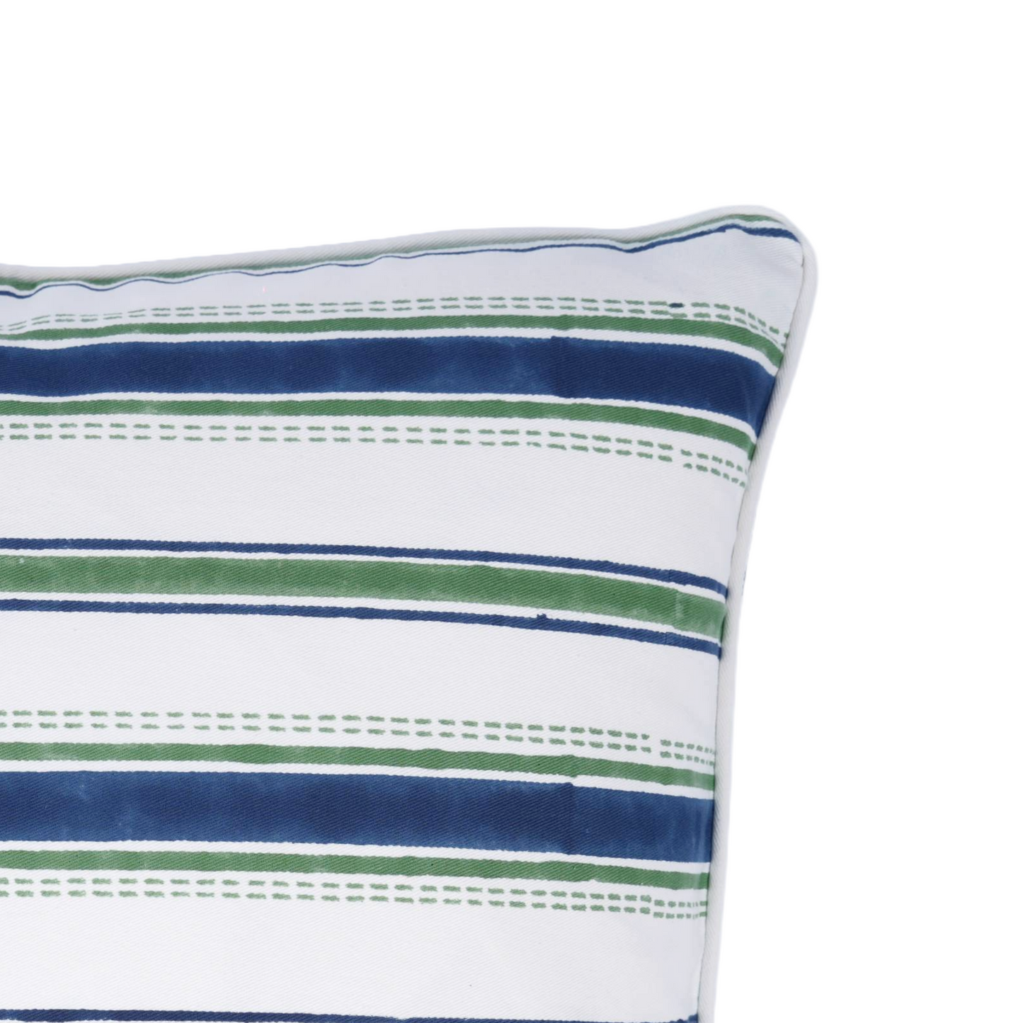 Close-up corner detail of the Orai Indigo 100% cotton block printed pillow and cushion cover against a white background. Highlights the neat piped edge and stitching alongside the horizontal indigo blue and green stripe pattern with dashed line accents. Fine handmade artisan textile home decor.