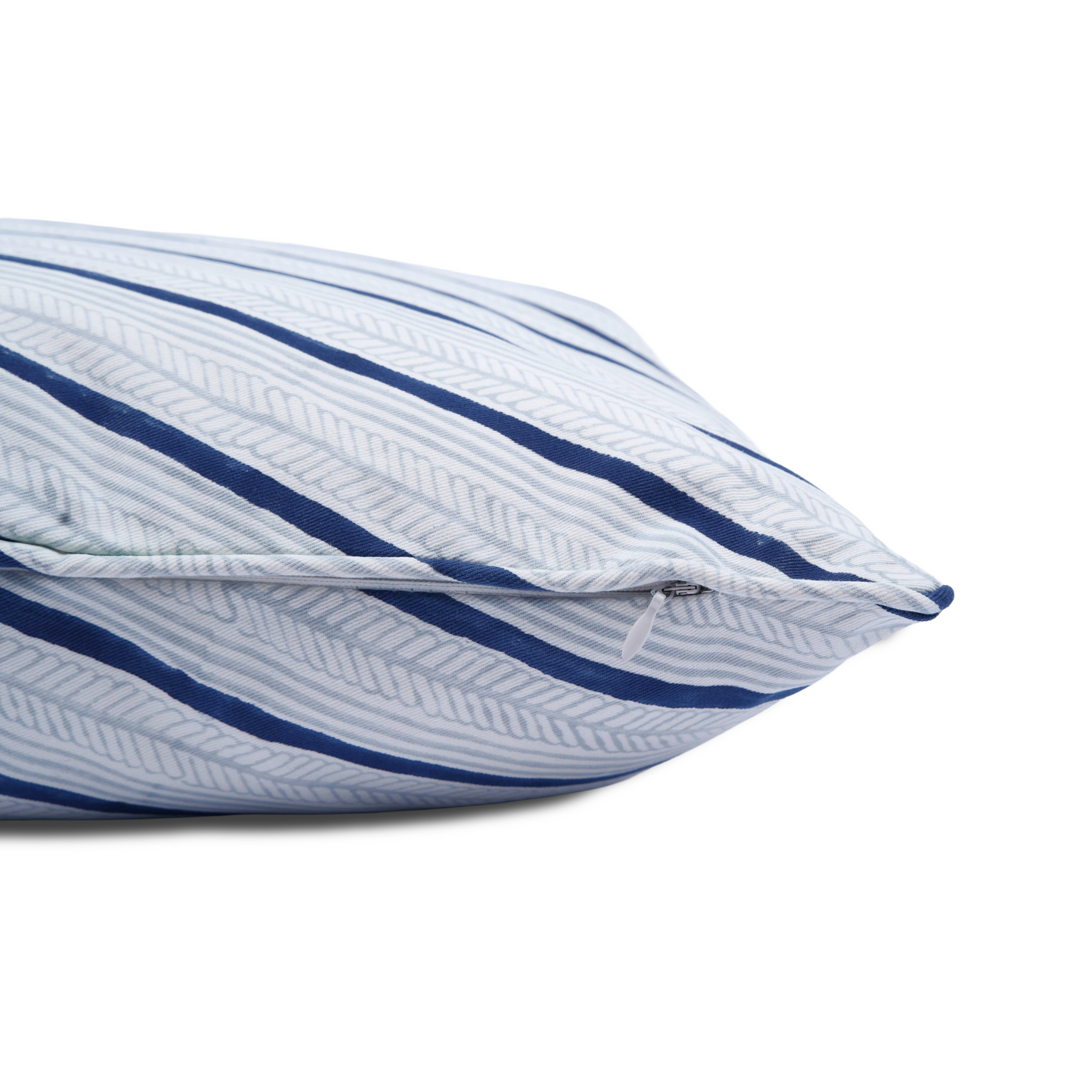 Handprinted Striped and flower pillow with light blue and dark blue diagonal stripes on a organic cotton fabric, Printed cushion covers, Cushion covers for sofa