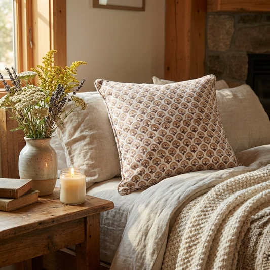 A square hand-block printed cushion featuring a warm ochre and earthy brown geometric arch pattern on a cream background. Resting on a cozy bed with neutral linens and a chunky knit blanket, beside a rustic wooden nightstand holding a lit candle and dried wildflowers, this handcrafted textile perfectly adds a modern rustic Canadian farmhouse aesthetic to bedroom decor.