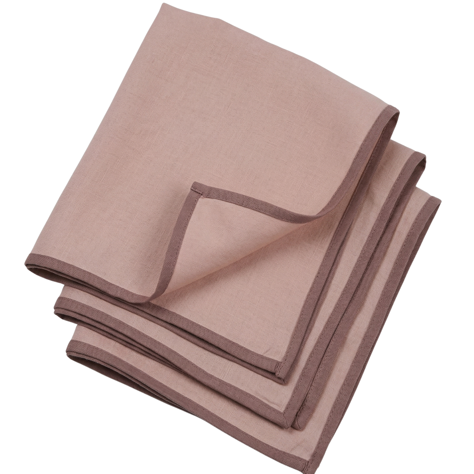 Folded brown and pink table napkins set of linen material  on a white background