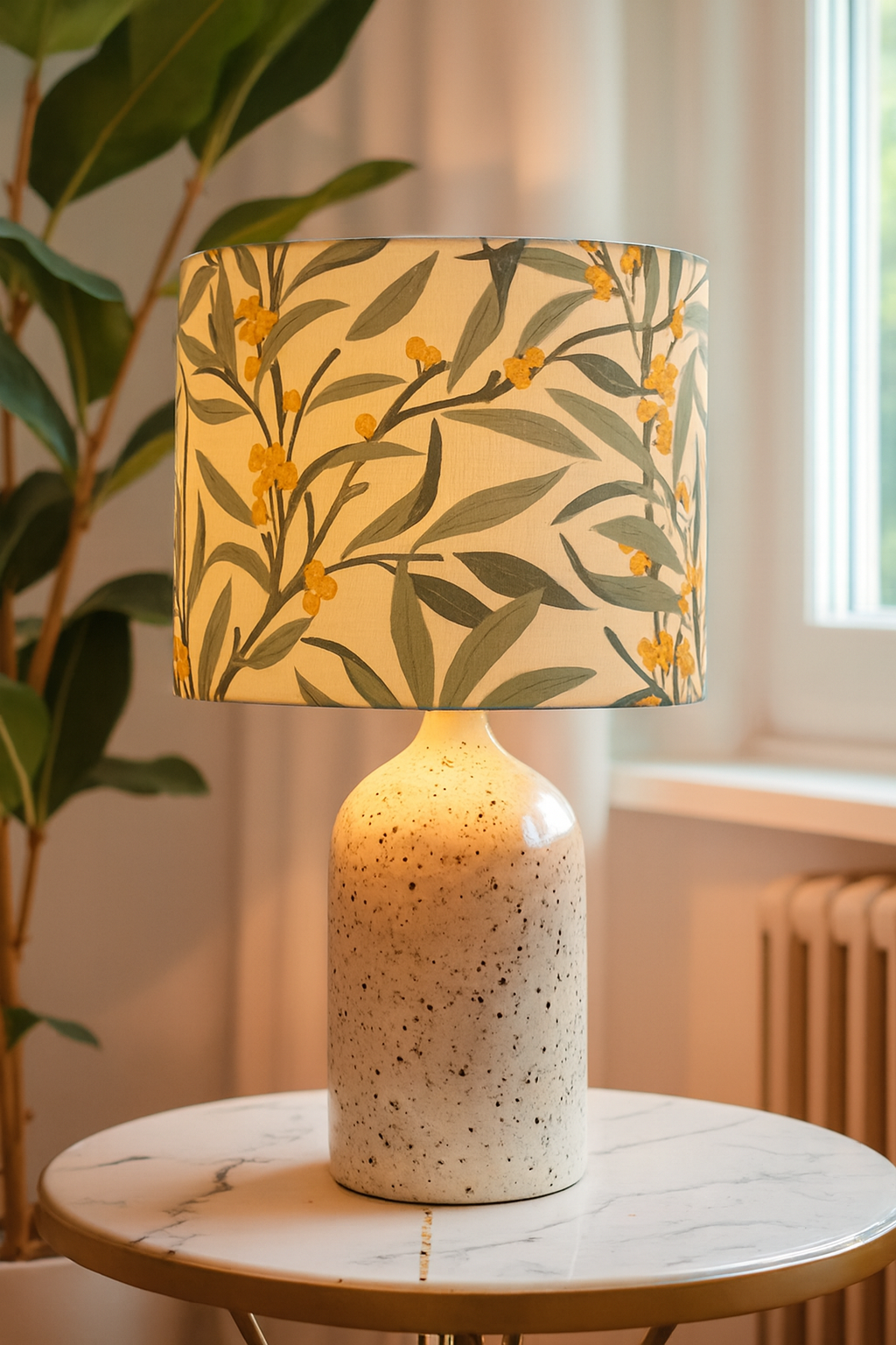 Lamp with floral patterned shade on a marble table