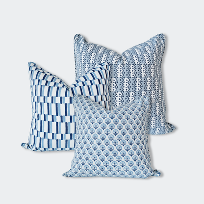 Cerulean Blue Geometric Block Print Pillow Cover Set of 3