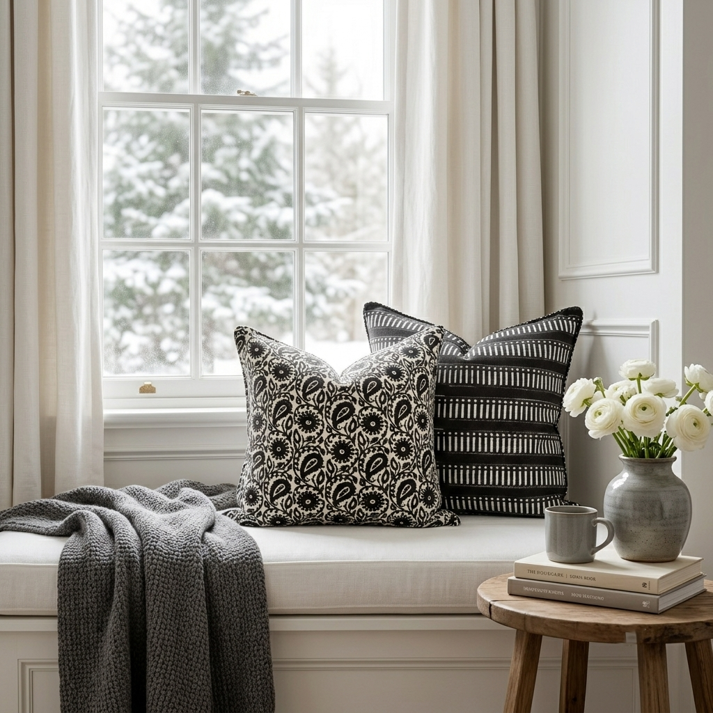 Bold Charcoal Black Block Print Pillow Cover Set of 2