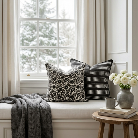 Bold Charcoal Black Block Print Pillow Cover Set of 2
