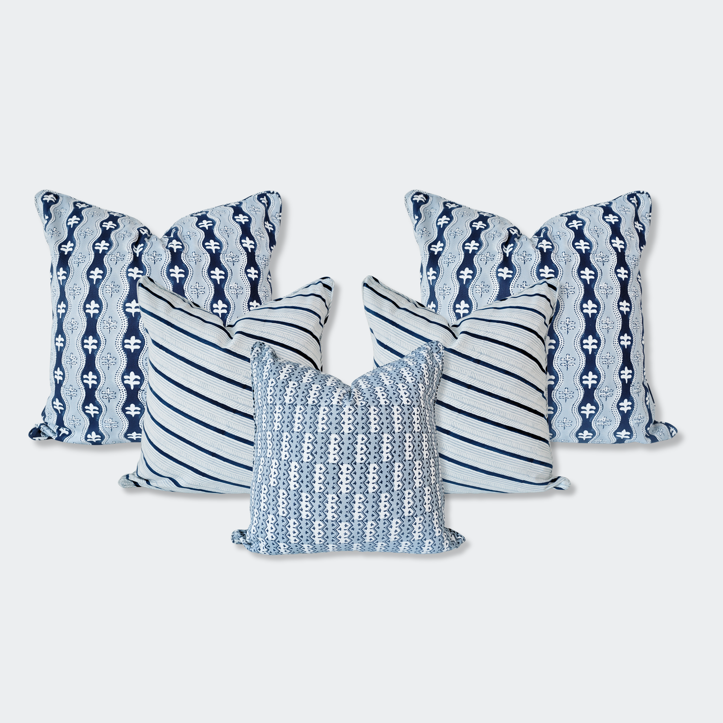 Coastal Indigo Blue Block Print Pillow Cover Set of 5