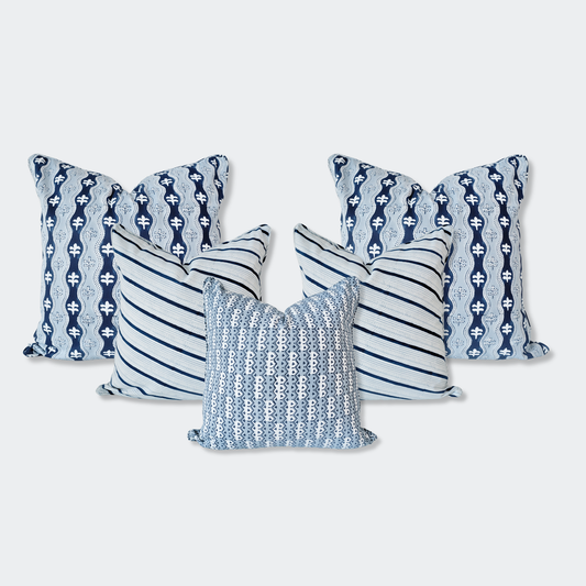 Coastal Indigo Blue Block Print Pillow Cover Set of 5