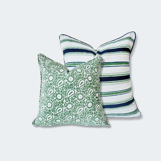 Green Navy Block Print Pillow Cover Set of 2