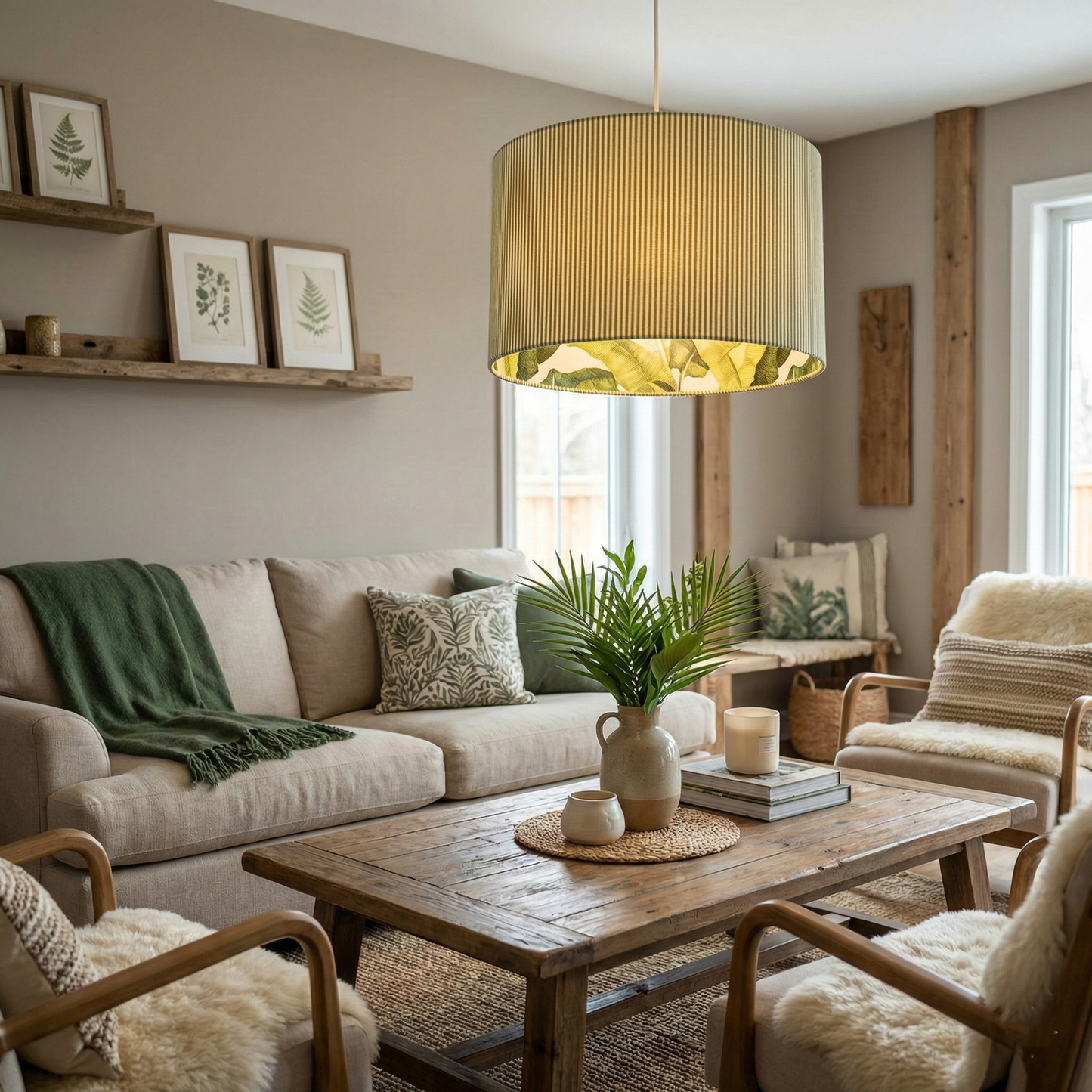 Green Strips and Tropical Leaves Double Sided Lampshade