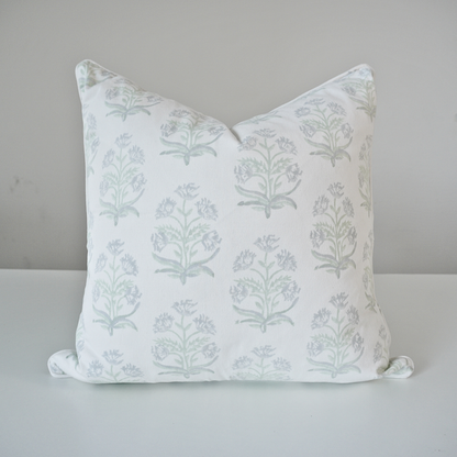 Square Jaipuri Breeze 100% cotton block printed pillow cover. This artisan throw cushion features a soft sage green repeating floral stem motif on a crisp white background with tailored piped edges. Fine handmade textile home decor.
