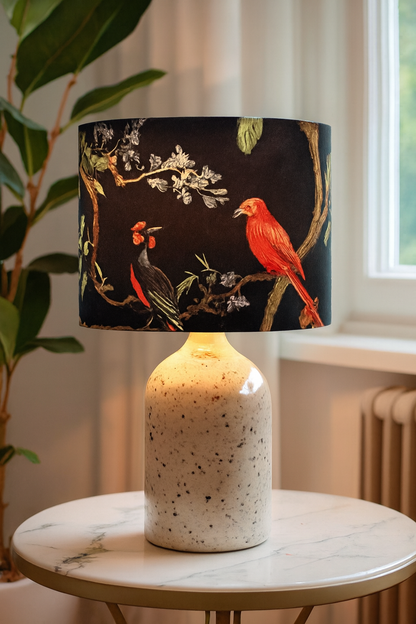 Decorative black fabric printed lampshades with bird and floral pattern