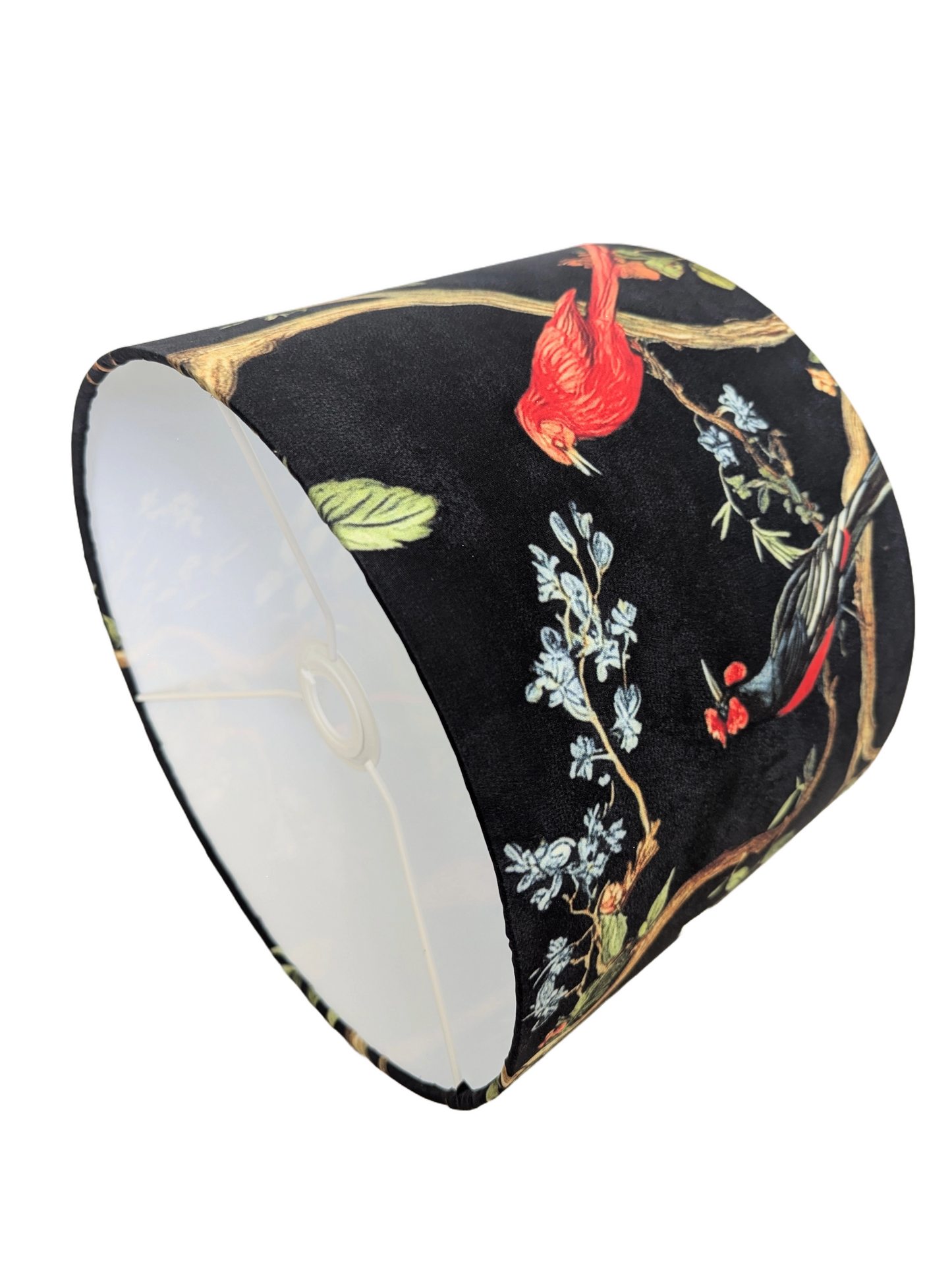 Decorative black fabric printed lampshades with bird and floral pattern