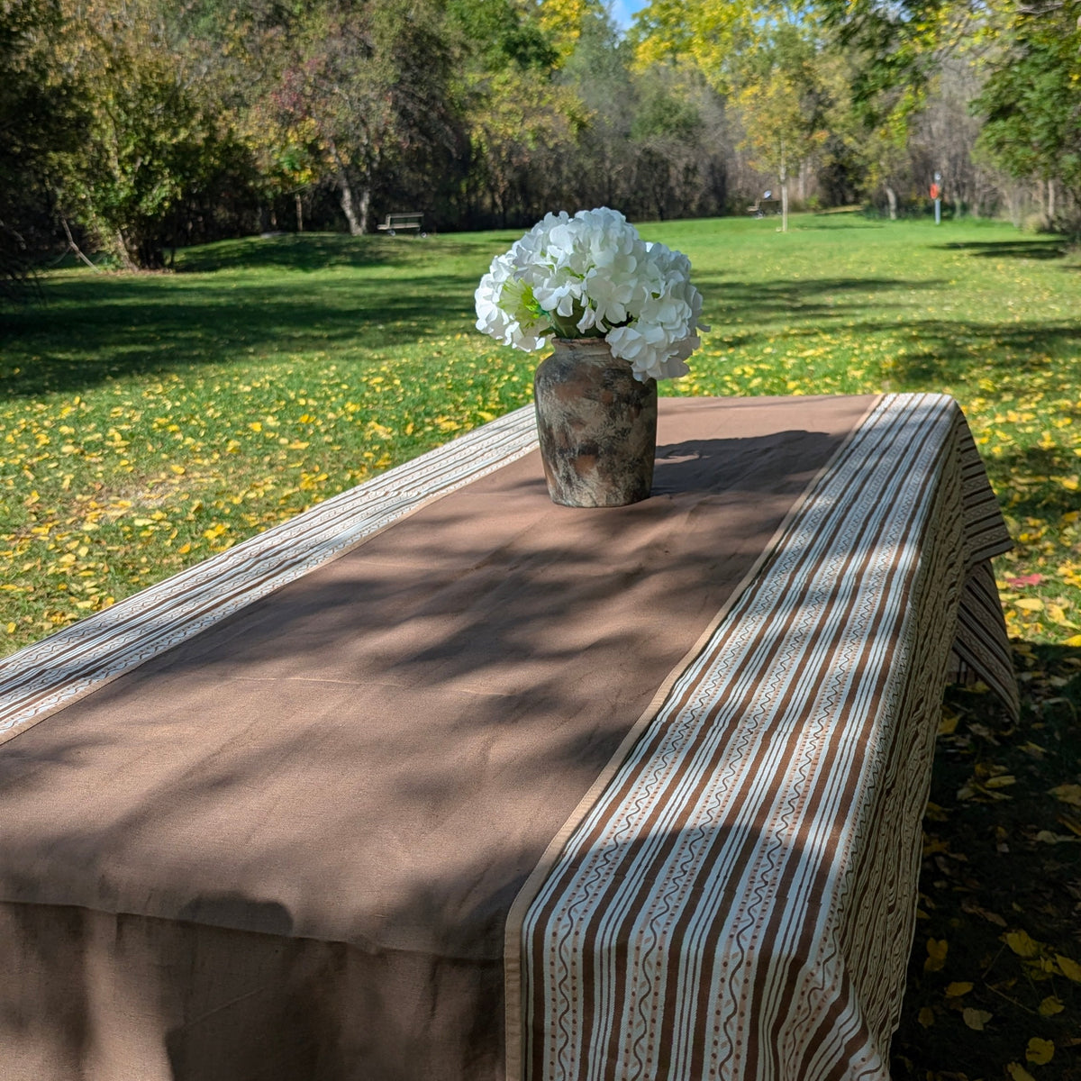 A brown tablecloth with a striped runner and matching napkins set outdoors on a table in a grassy park under a blue sky.