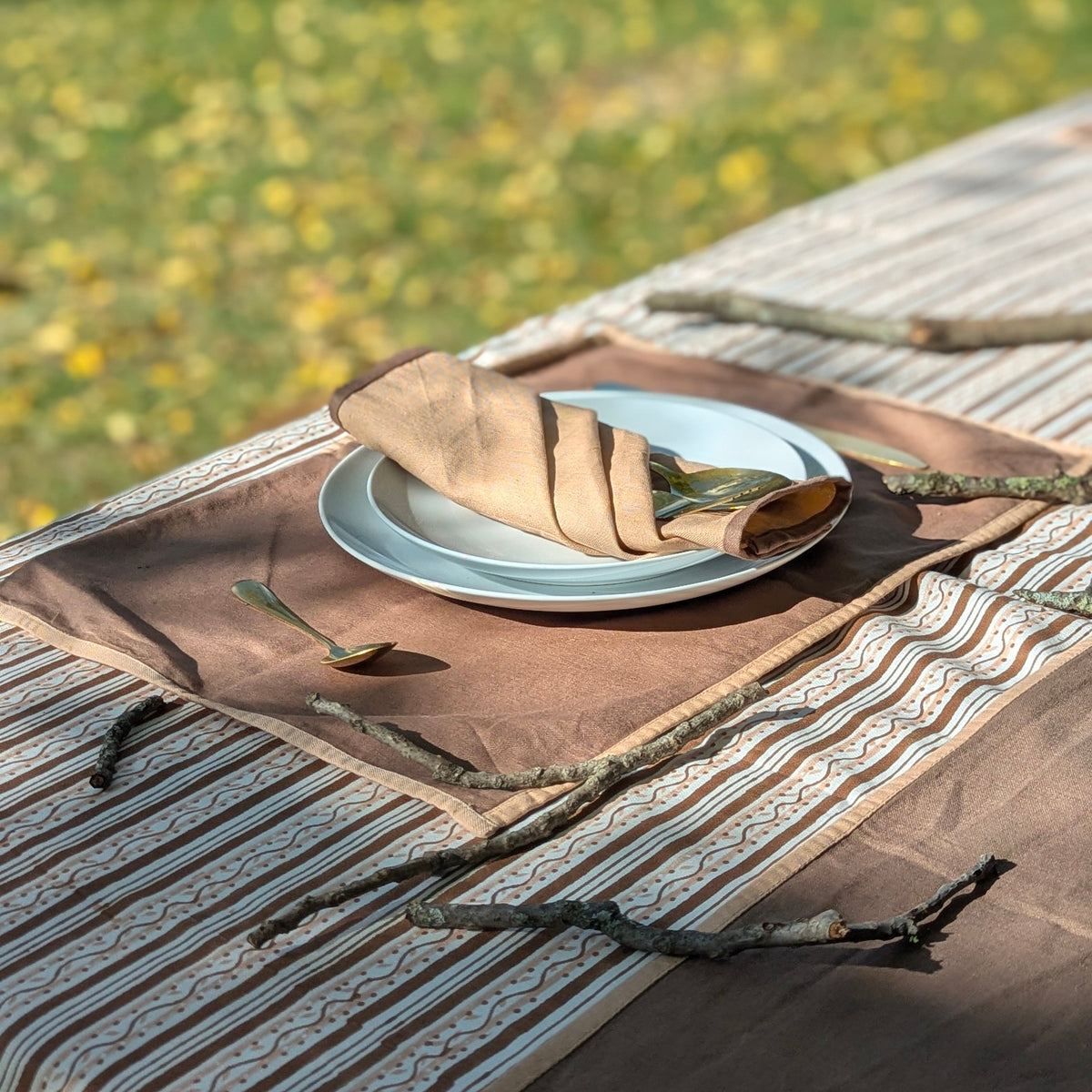 A styled outdoor table setting featuring a brown striped table runner, matching placemats, a beige napkin, and a white plate, with a blurred green grassy background.