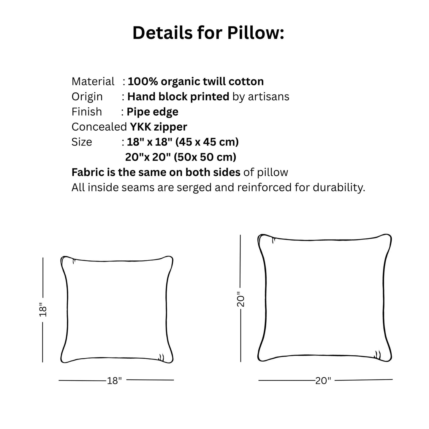 An informational graphic detailing our hand-block printed cushion cover specifications. It lists 100% organic twill cotton, pipe edge finish, concealed YKK zipper, and reinforced serged seams. Includes line drawing size guides for 18 by 18 inch and 20 by 20 inch square pillows for modern rustic decor.