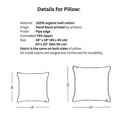 An informational graphic detailing our hand-block printed cushion cover specifications. It lists 100% organic twill cotton, pipe edge finish, concealed YKK zipper, and reinforced serged seams. Includes line drawing size guides for 18 by 18 inch and 20 by 20 inch square pillows for modern rustic decor.