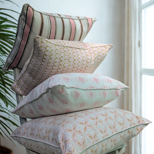 A vertical lifestyle stack of four artisanal, block-printed 100% cotton pillow covers positioned on a chair near a bright window. The collection showcases a variety of blush pink and neutral patterns, including a striped cushion, a fan-arch print, a geometric arrow motif, and a floral star design at the base. Each handmade piece features tailored piping, reflecting a clean, high-end decor aesthetic.