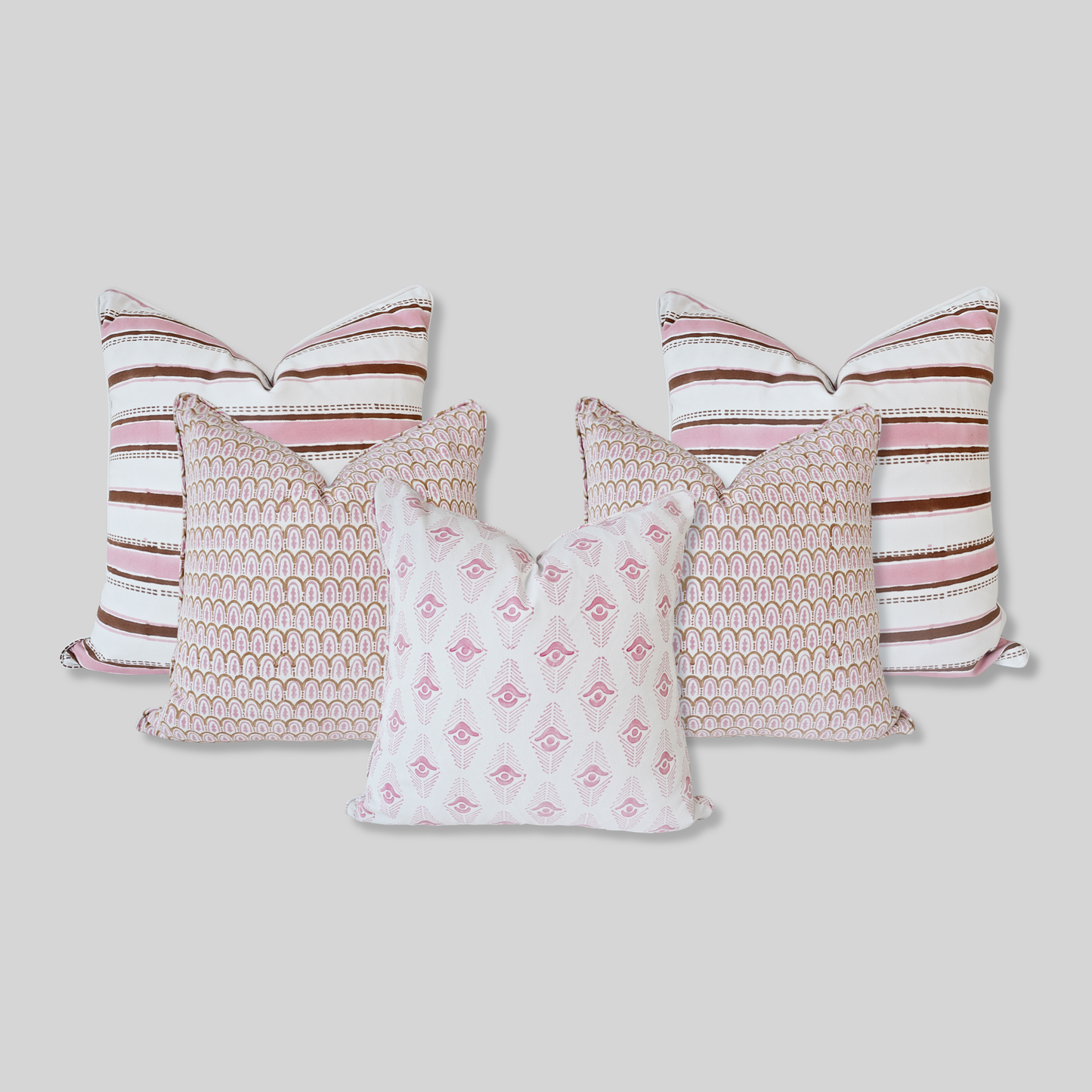 Blush Pink Brown Block Print Pillow Covers Set of 5