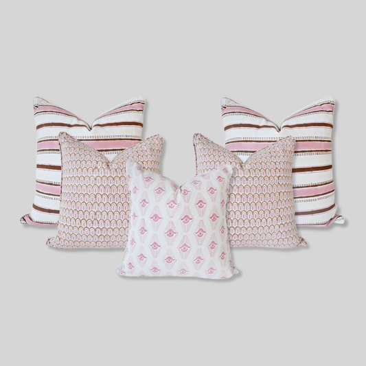 Blush Pink Brown Block Print Pillow Covers Set of 5