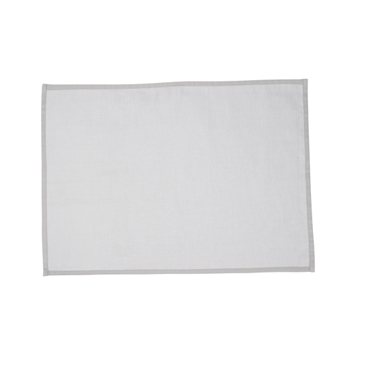 A square white fabric placemat with a light gray stitched border, shown flat against a solid white background.