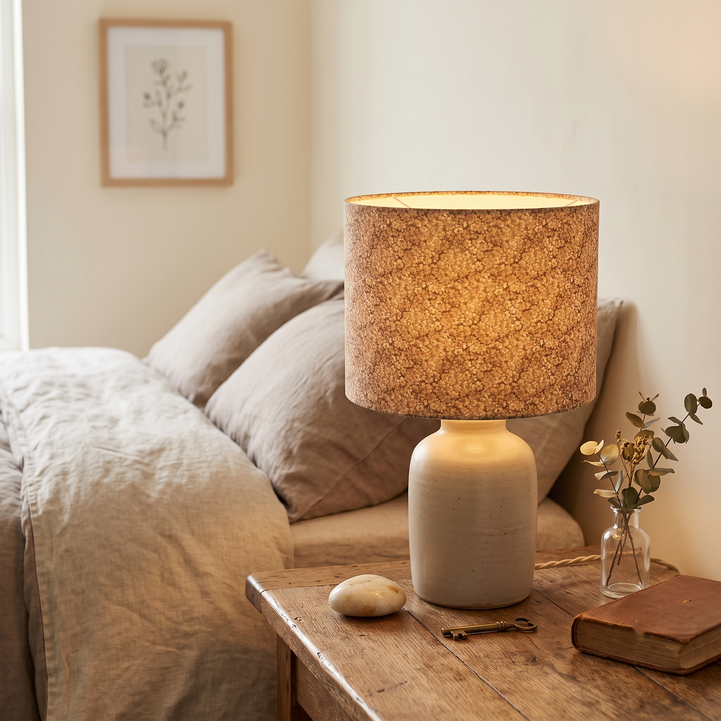 A warm, inviting bedroom scene featuring a bedside lamp with "The Penny Ditsy Floral Lampshade.jpg," which casts a soft, cozy glow. The lampshade features a delicate, intricate floral ditsy print that perfectly complements the rustic bedside table, linen bedding, and curated decorative accents, embodying a cozy modern rustic Canadian farmhouse aesthetic.