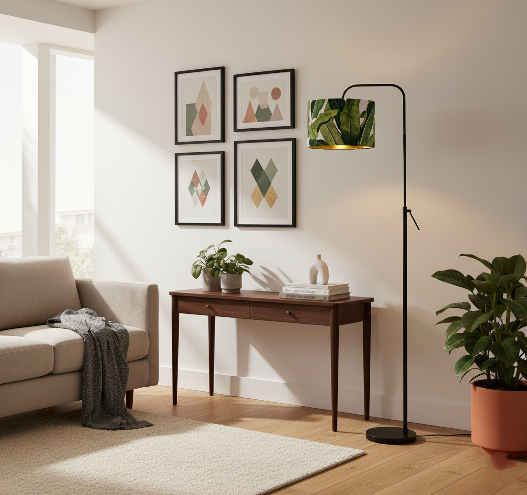 Tropical leaves green fabric Golden custom Lampshade 