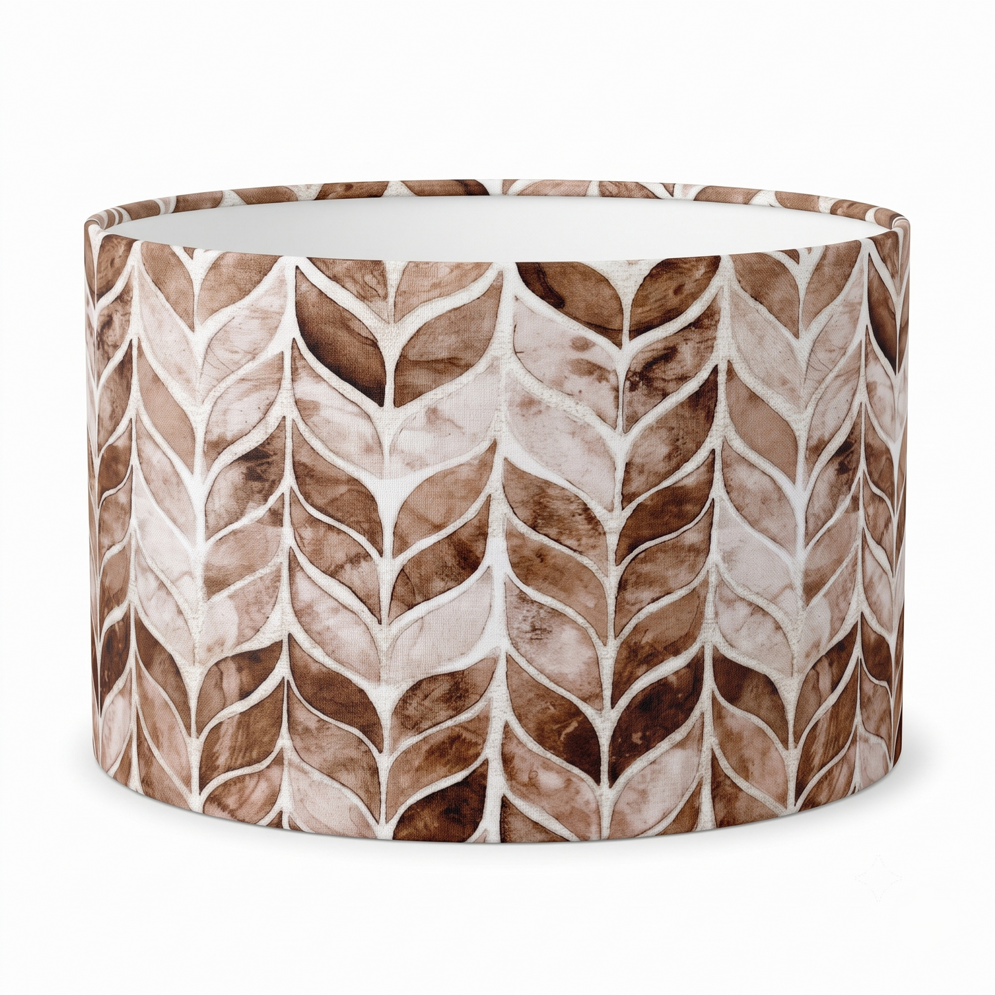 A drum lampshade featuring an earthy brown watercolor botanical leaf pattern. This elegant, nature-inspired piece perfectly adds a touch of earthy luxury and a cozy modern Canadian farmhouse aesthetic to any home decor.