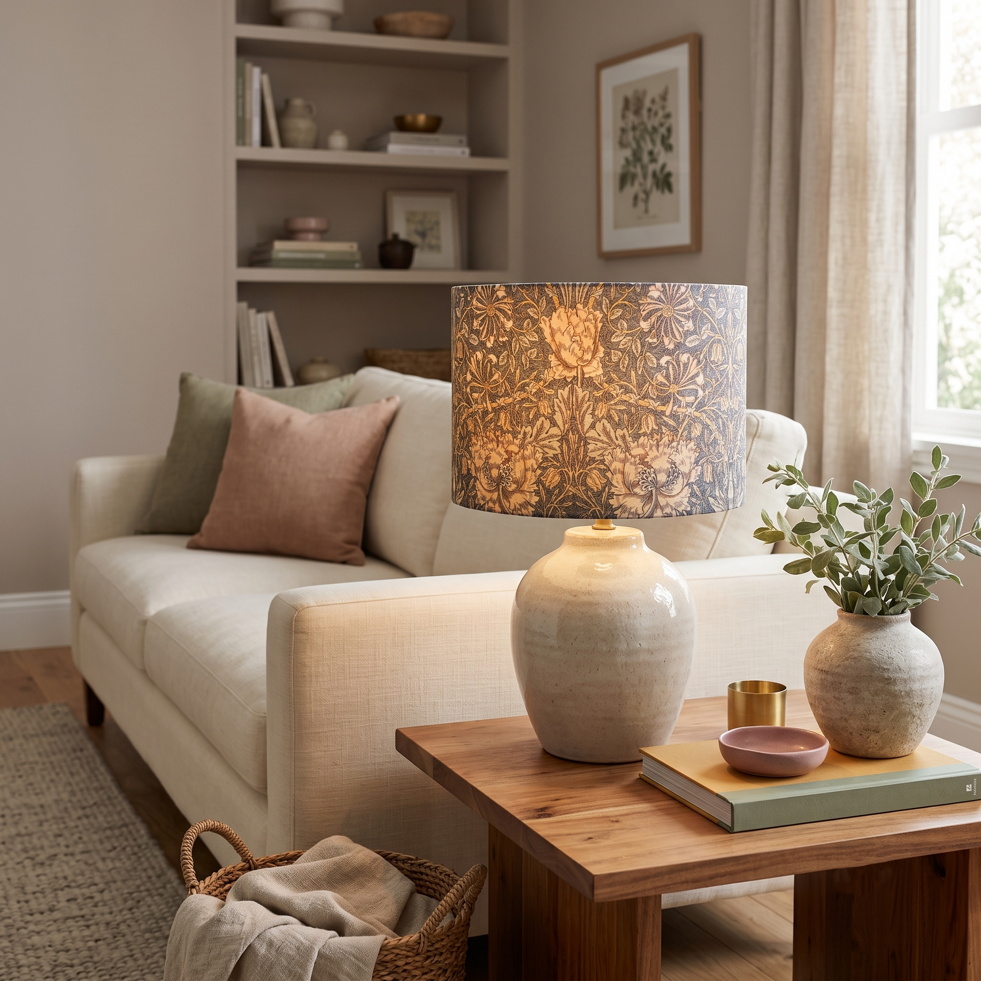 A warm, glowing table lamp featuring a William Morris Honeysuckle botanical drum lampshade. Resting on a wooden side table next to a white sofa in a cozy living room, this vintage-inspired piece adds a touch of modern Canadian farmhouse style to any home decor.