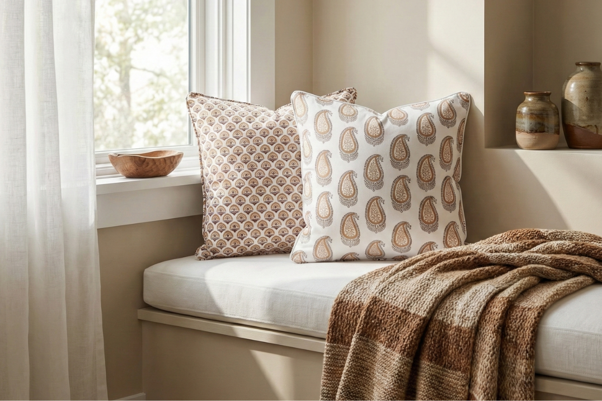 Hand block printed cotton Throw pillow covers for modern Canadian homes