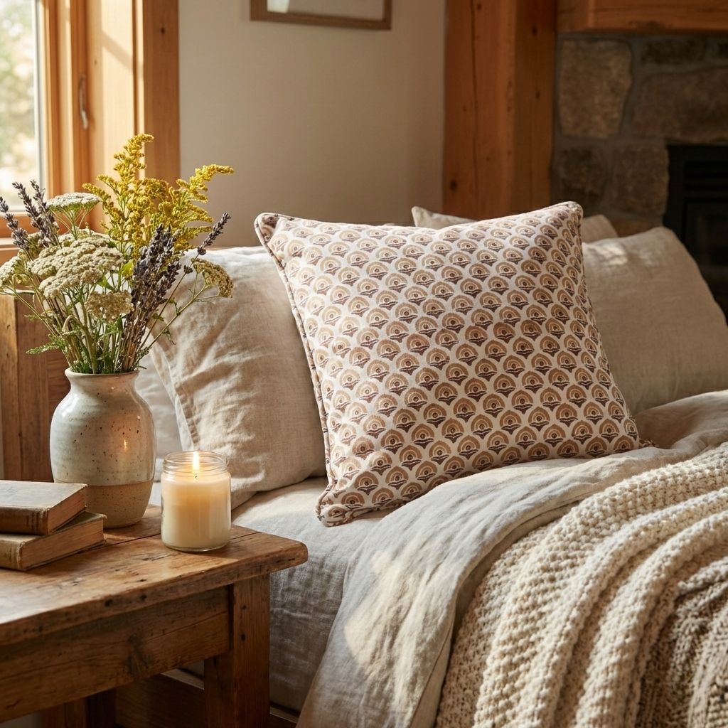 A square hand-block printed cushion featuring a warm ochre and earthy brown geometric arch pattern on a cream background. Resting on a cozy bed with neutral linens and a chunky knit blanket, beside a rustic wooden nightstand holding a lit candle and dried wildflowers, this handcrafted textile perfectly adds a modern rustic Canadian farmhouse aesthetic to bedroom decor.