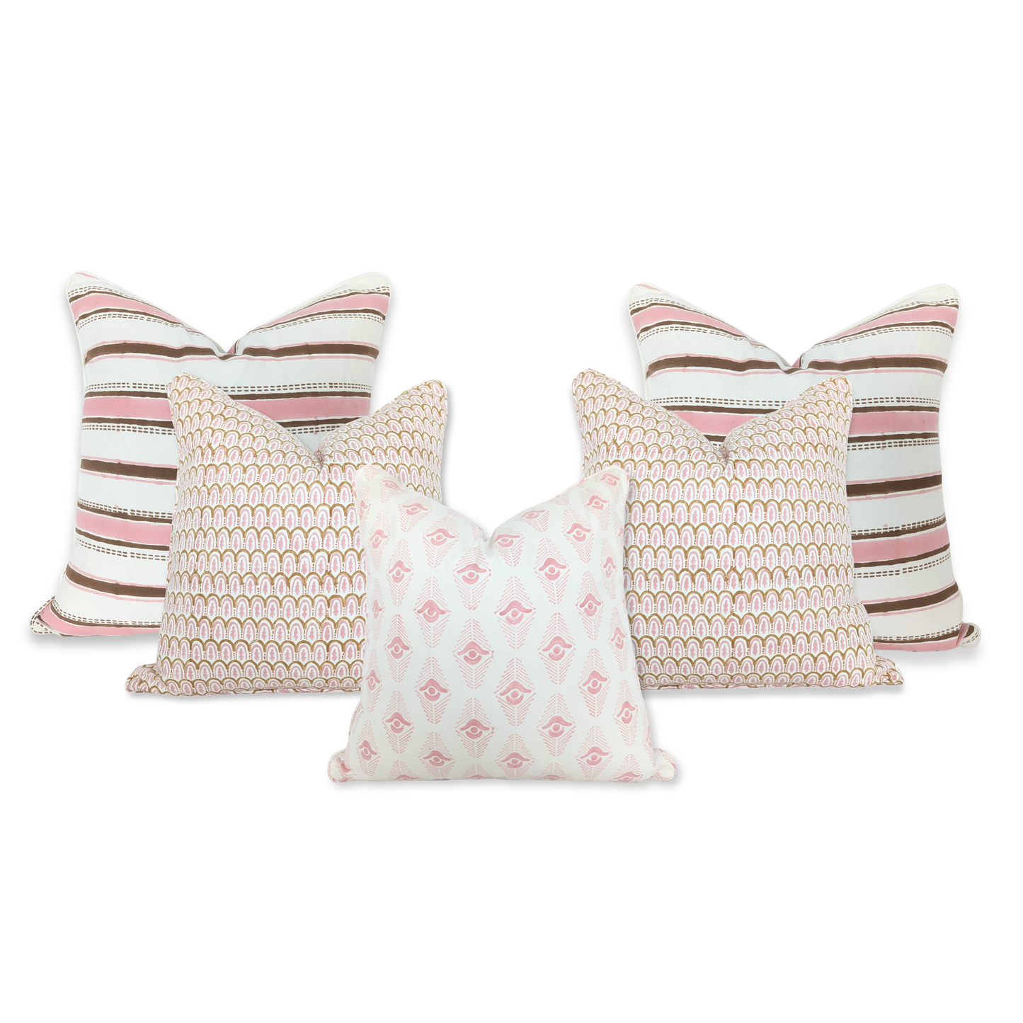 A studio arrangement of five handcrafted cushion covers, showcasing a harmonious blend of the Orai Soil striped design and intricate pink and earthy-toned geometric patterns. These pieces coordinate perfectly to enhance a cozy, modern rustic Canadian farmhouse aesthetic.