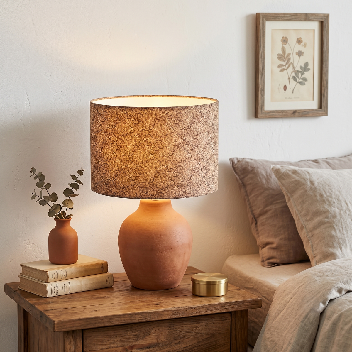 A warm glowing table lamp with an earthy brown Penny Ditsy micro-floral drum shade rests on a rustic wood nightstand. Paired with neutral linens, this cozy piece perfectly brings a modern Canadian farmhouse aesthetic to bedroom decor.
