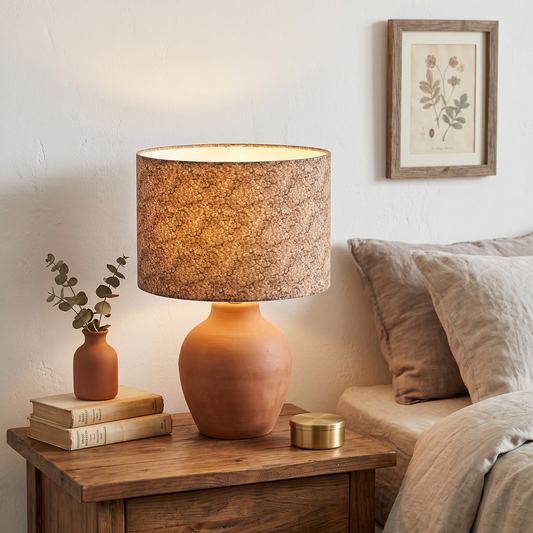 A warm glowing table lamp with an earthy brown Penny Ditsy micro-floral drum shade rests on a rustic wood nightstand. Paired with neutral linens, this cozy piece perfectly brings a modern Canadian farmhouse aesthetic to bedroom decor.
